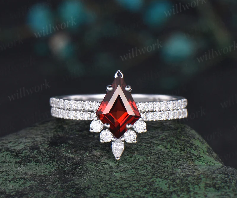 Unique kite cut red garnet engagement ring set women solid 14k white gold half eternity diamond bridal anniversary ring set gift