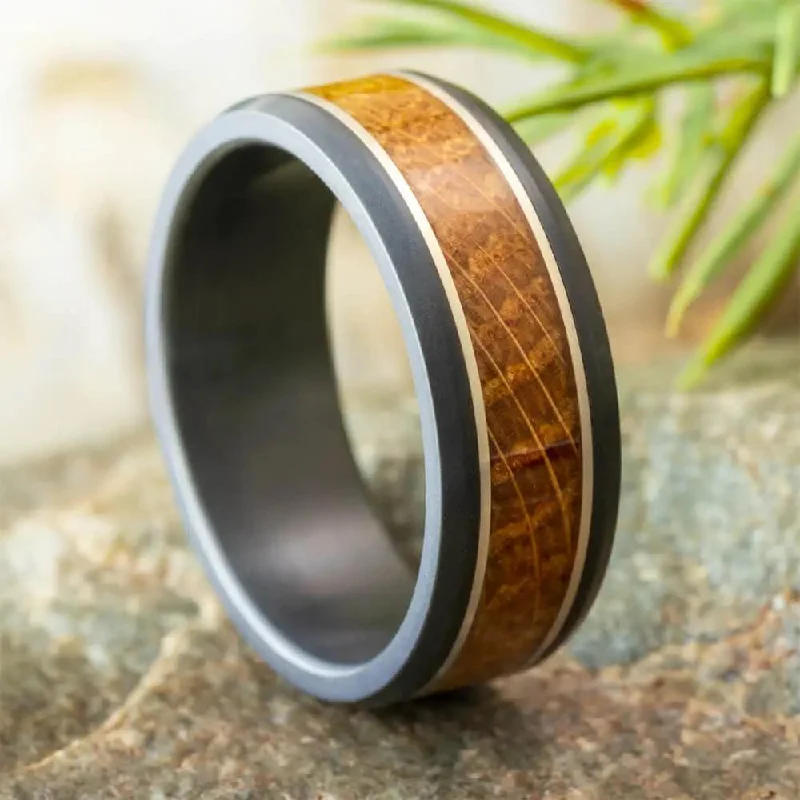 Whiskey Barrel Wedding Band with White Gold Accents in Black Zirconium