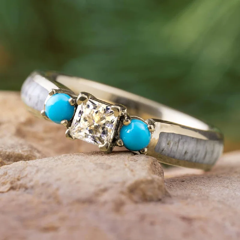 Three Stone Engagement Ring With Antler & Turquoise in White Gold