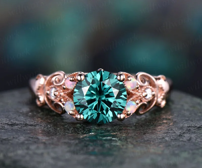 Unique vintage opal ring Colorful moissanite ring green moissanite engagement ring rose gold butterfly diamond ring wedding anniversary gift