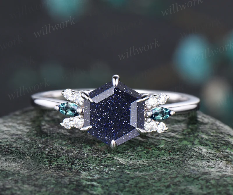 Unique Hexagon Cut Blue Sandstone Engagement Ring Moissanite Alexandrite Cluster Wedding Ring Art Deco White Gold Galaxy Healing Jewelry Ring