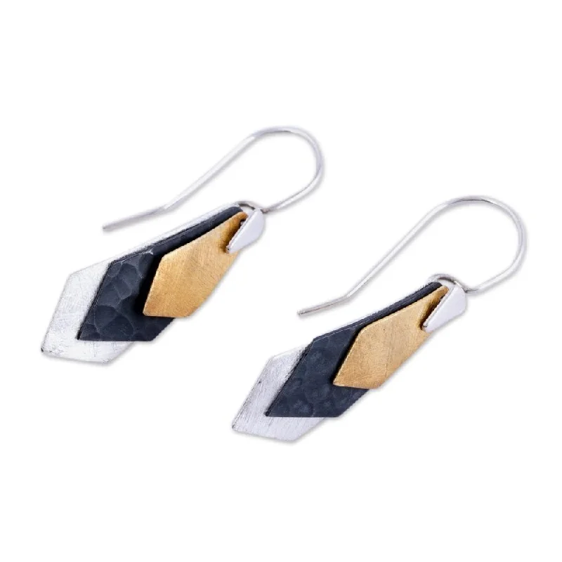 Handmade Sterling Silver Gold Overlay 'Geometrical Riddles' Earrings (Mexico) - 1.5*0.4