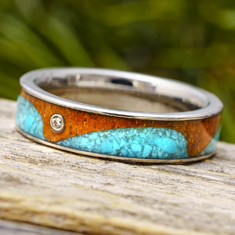 Wave Ring With Koa Wood And Turquoise