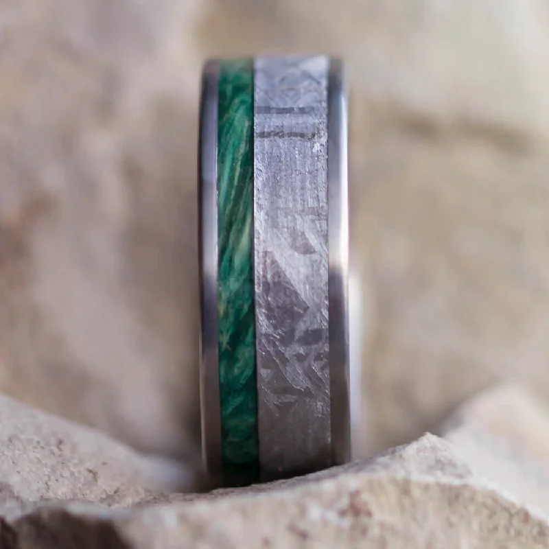 Green Wood Wedding Band, Meteorite Ring with Box Elder Burl Wood