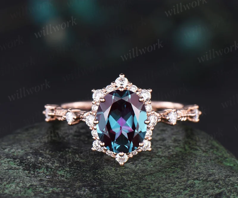 Oval cut Alexandrite snowdrift halo engagement ring leaf half eternity diamond promise ring 14k rose gold unique wedding ring women