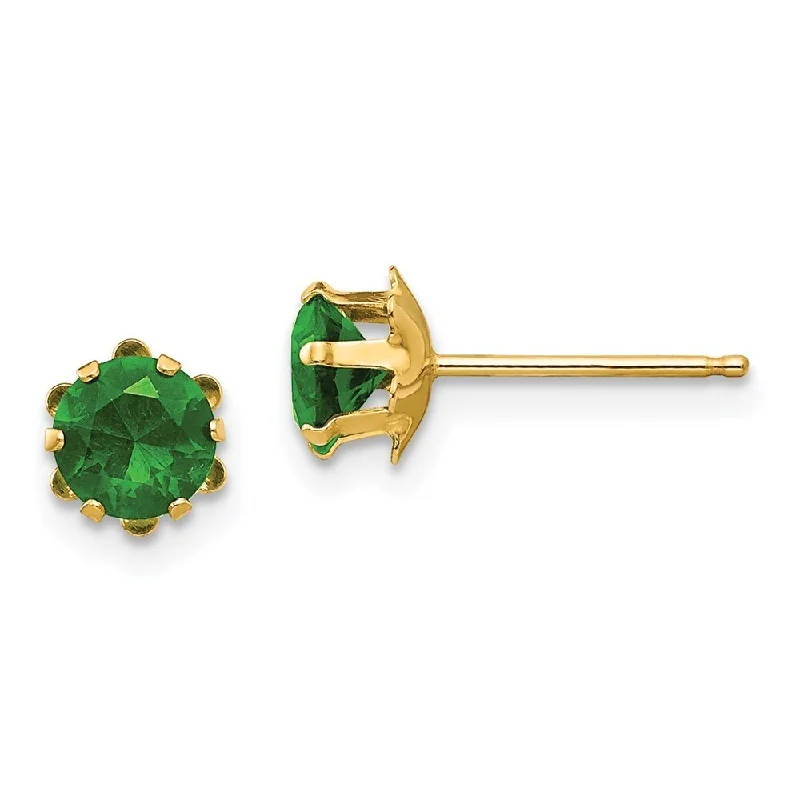 14k Yellow Gold Synthetic Green CZ Stud Earrings (L-5 mm, W-5 mm)