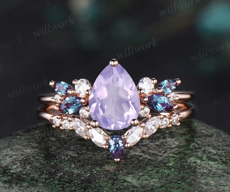 Pear shaped Lavender Amethyst engagement ring solid 14k rose gold cluster snowdrift alexandrite diamond stacking wedding bridal ring set women