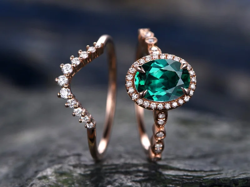 2pcs emerald bridal ring set green emerald engagement ring set rose gold marquise diamond halo ring moissanite crown wedding ring band gift