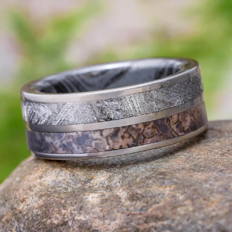 Meteorite and Dinosaur Bone Wedding Band with Mokume Sleeve