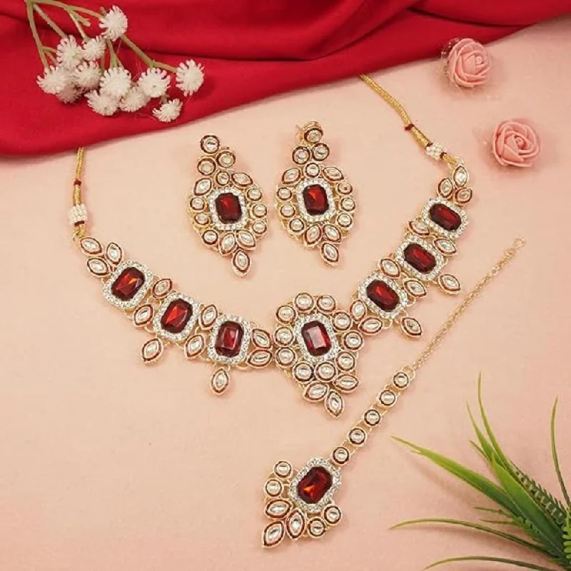 Etnico Gold Plated Traditional Kundan & Stone Studded Choker Necklace Jewellery with Earrings & Maang Tikka Set for Women (IJ359) (Maroon-1)