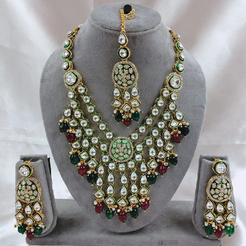 Akruti Collection Gold Plated Kundan Stone Beads And Pearls Meenakari Necklace Set