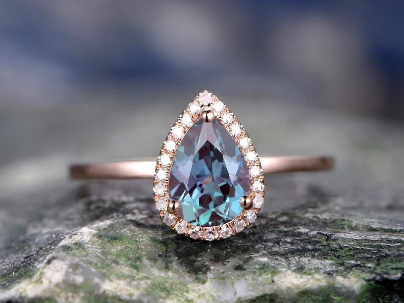 Pear cut Alexandrite engagement ring rose gold ring real diamond halo ring color change Alexandrite ring for women anniversary jewelry gift