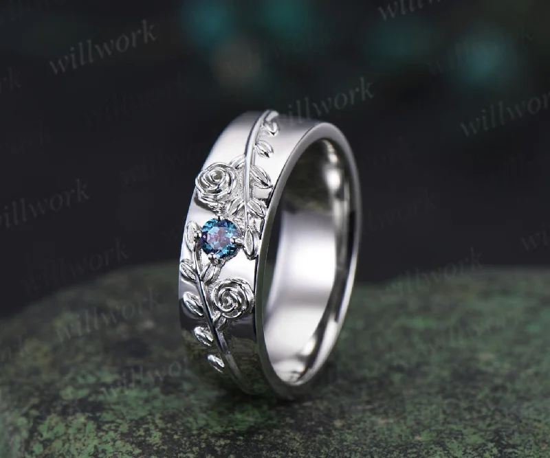 Round alexandrite wedding band mens solid 14k white gold leaf floral wedding ring unique anniversary ring gift nature inspired Engagement Ring