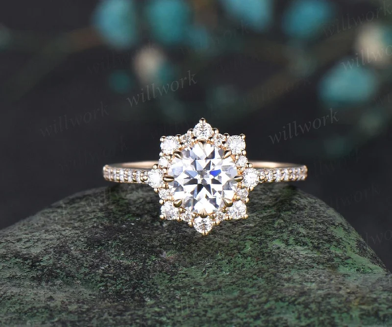 1ct round cut moissanite ring yellow gold vintage halo diamond half eternity unique snowdrift engagement ring women antique jewelry gift