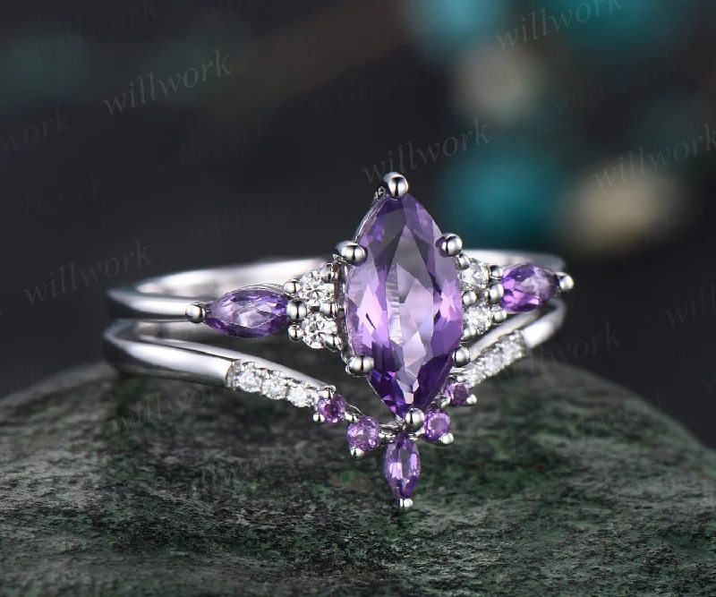 Vintage marquise cut purple amethyst engagement ring art deco 14k white gold moissanite 6 prong gemstone bridal wedding ring set women