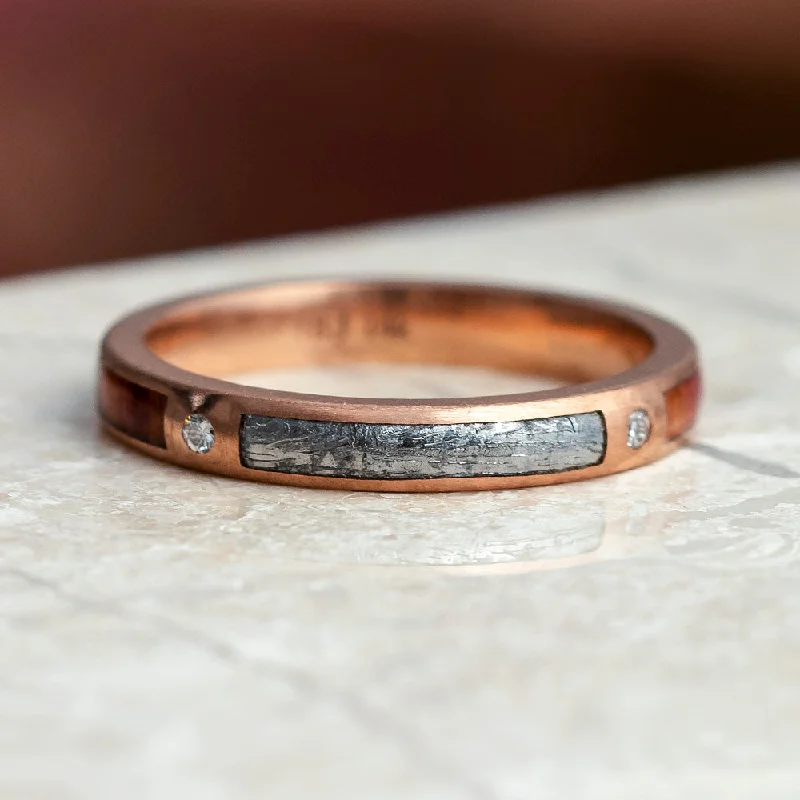 Meteorite And Tulipwood Wedding Band, Diamond Ring In Rose Gold