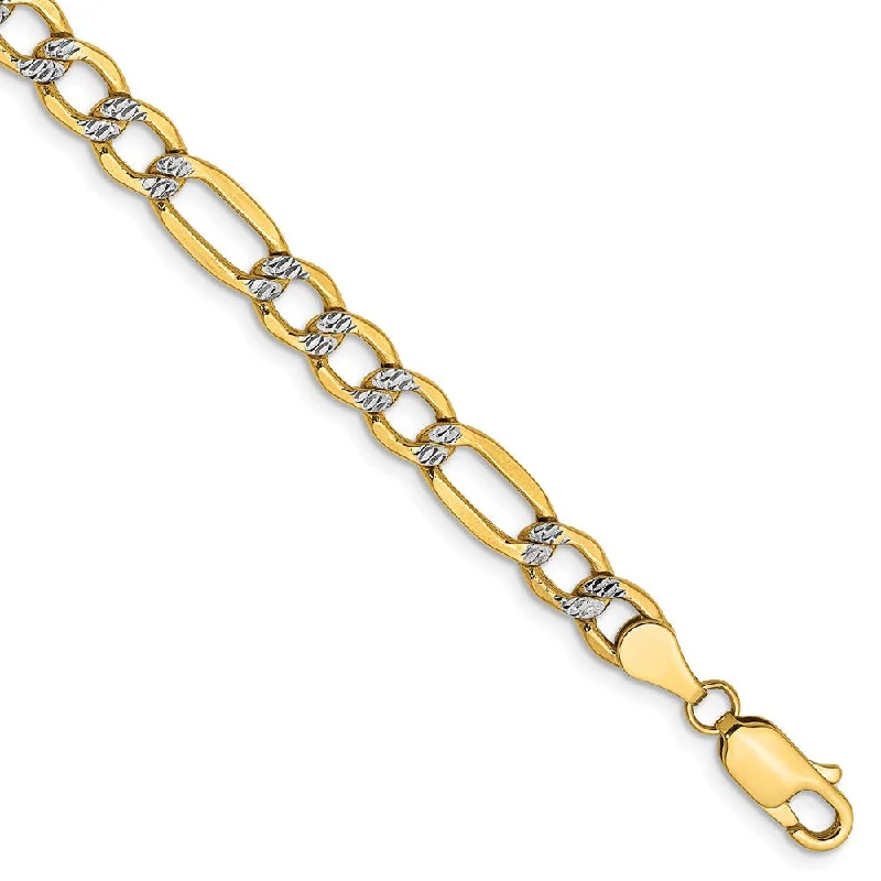 5.25mm 14k Yellow Gold & Rhodium Hollow Pave Figaro Chain Bracelet