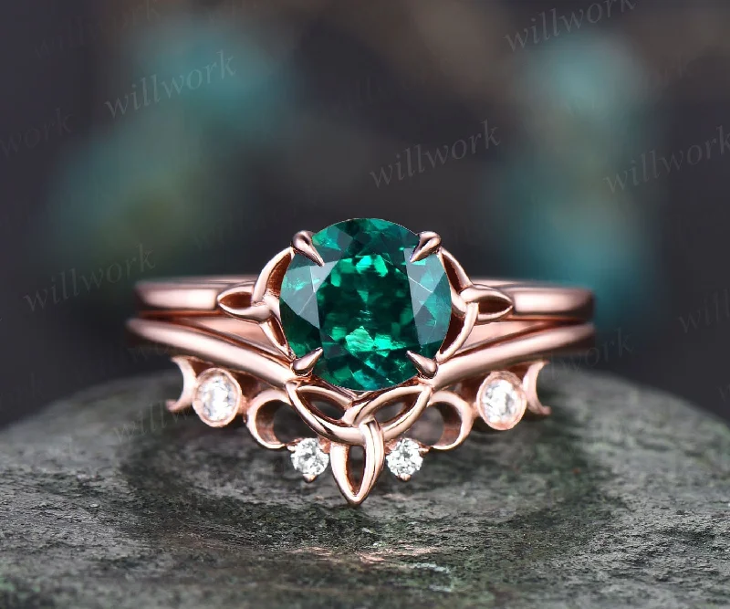 Round emerald engagement ring set vintage unique solitaire 14k rose gold engagement ring Norse Viking ring moissanite wedding ring for women