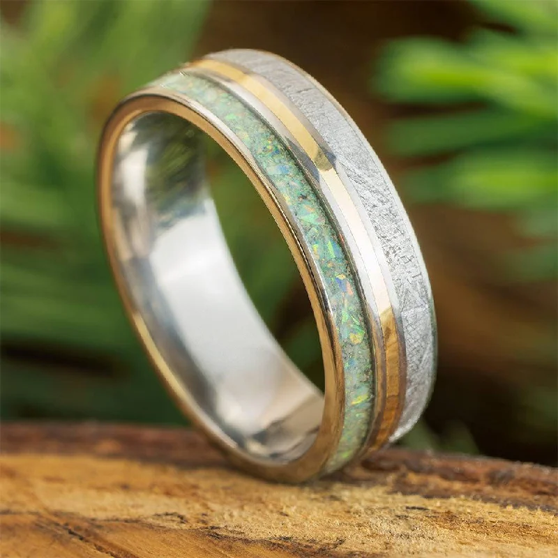 Meteorite and Opal Wedding Band in Titanium with Gold Pinstripe