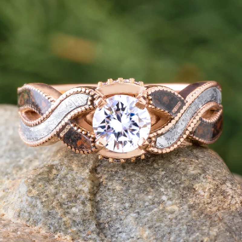 Rose Gold Meteorite & Dinosaur Bone Engagement Ring