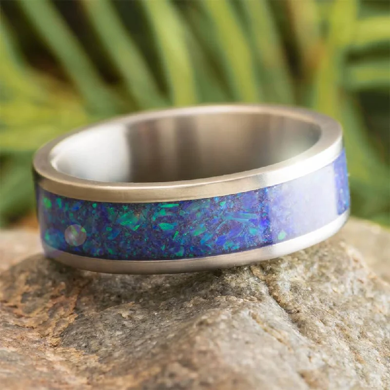 Unique Synthetic Opal Wedding Band in Titanium