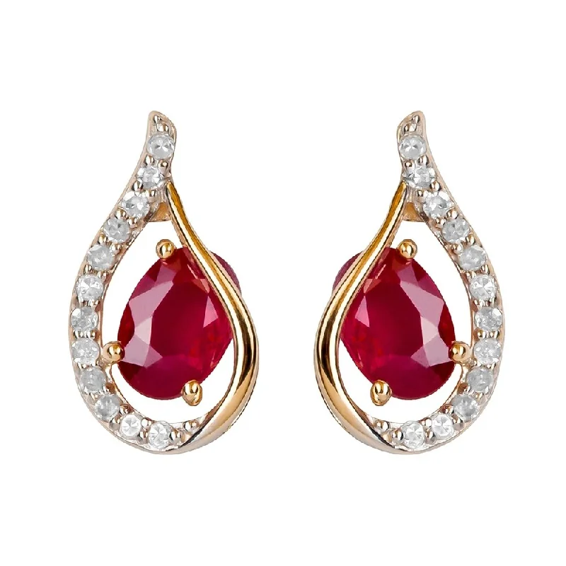 Viducci 10k Yellow Gold Genuine Oval Ruby and Diamond Curved Halo Drop Earrings