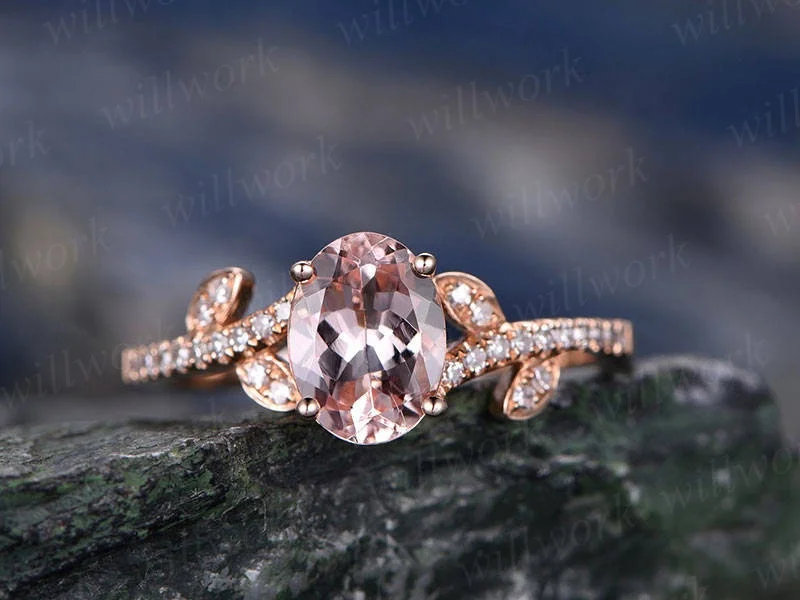 Morganite engagement ring-Solid 14k Rose gold ring-Real Diamond ring-9x7mm Oval gemstone Floral Flower promise ring-Unique band