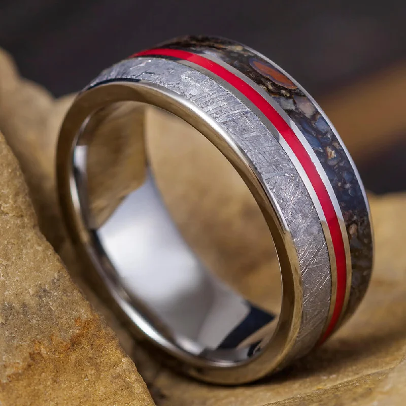 Dinosaur Meteorite Ring with Red Enamel Pinstripe