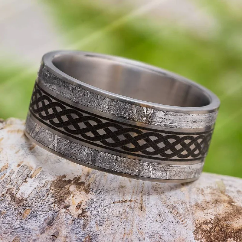 Men's Celtic Knot Wedding Band with Meteorite and Brushed Finish