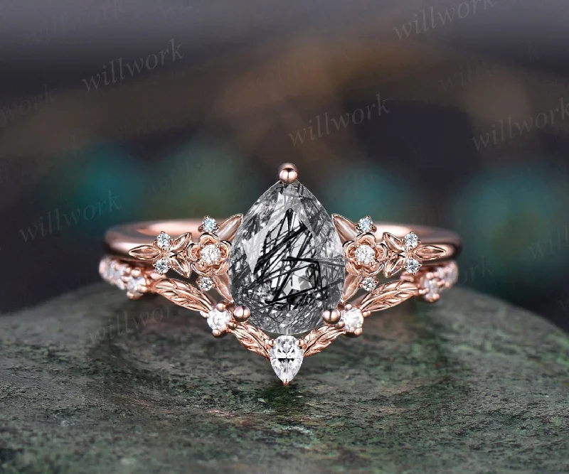 Vintage pear black rutilated quartz engagement ring rose gold twig leaf floral antique unique diamond bridal wedding ring set women gift