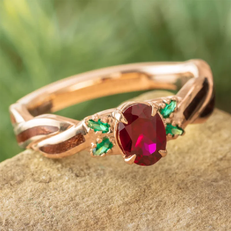 Unique Ruby and Emerald Engagement Ring with Redwood