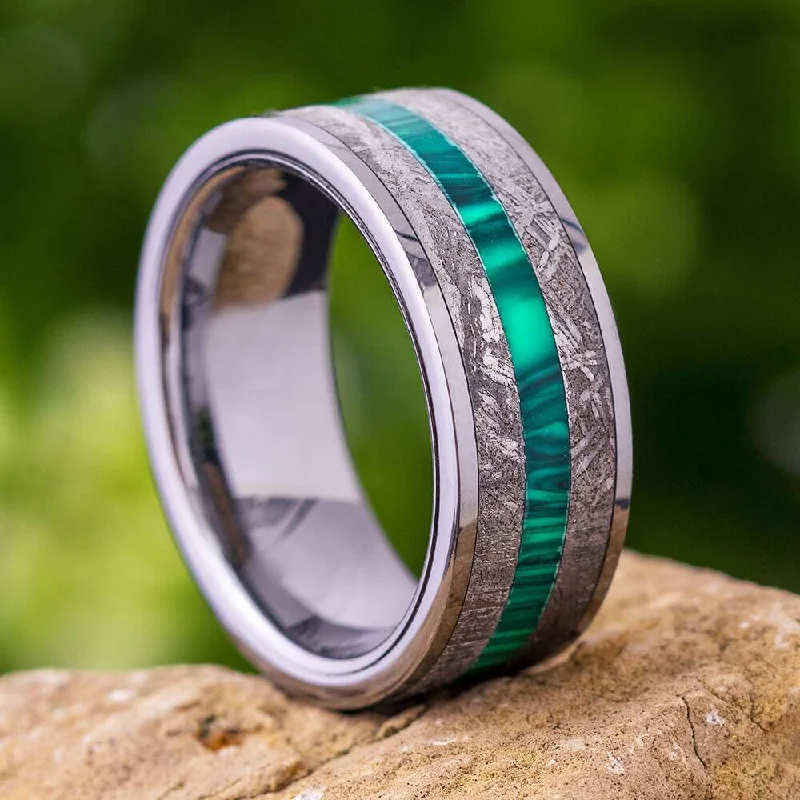 Tungsten Men's Wedding Band with Malachite & Meteorite