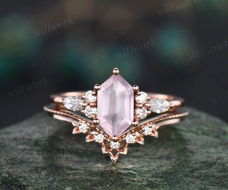 Long hexagon cut rose quartz ring rose gold unique engagement ring set dainty crystal ring vintage diamond ring unique wedding ring women