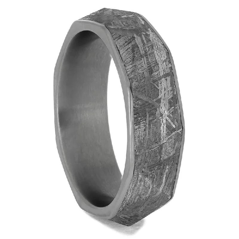 Faceted Meteorite Ring On Titanium Band