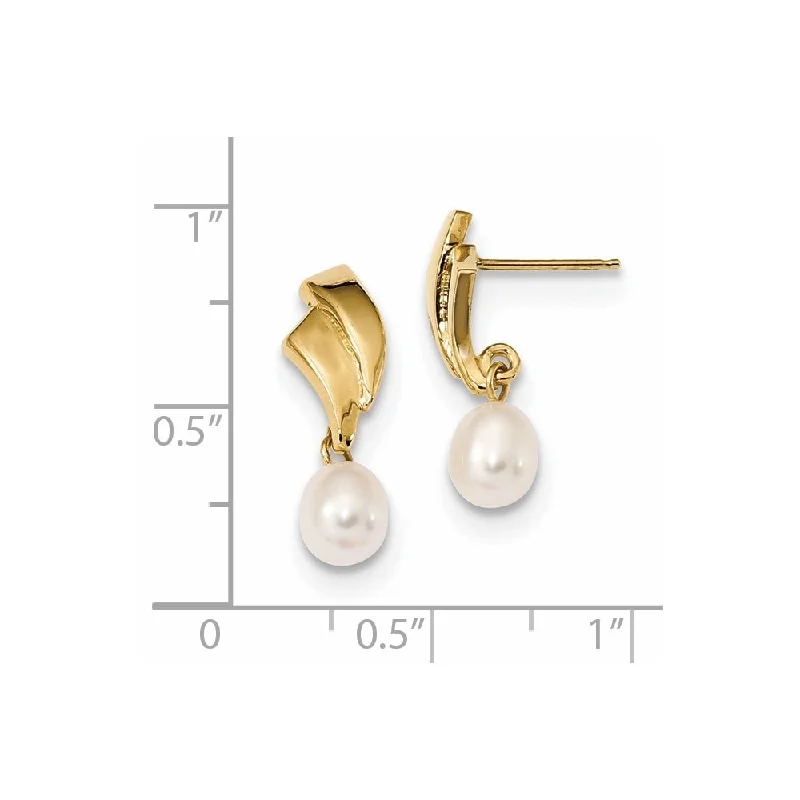 14k Yellow Gold 5-6mm White Rice Pearl Dangle Earrings (L-19 mm, W-7.1 mm)