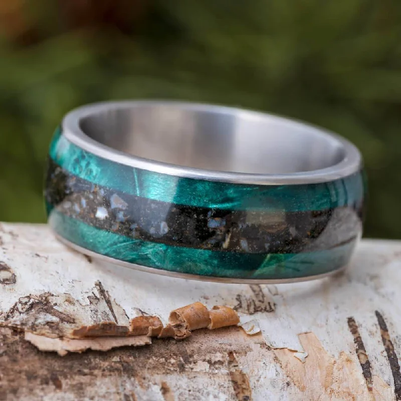 Green Box Elder Burl Ring with Crushed Dinosaur Bone