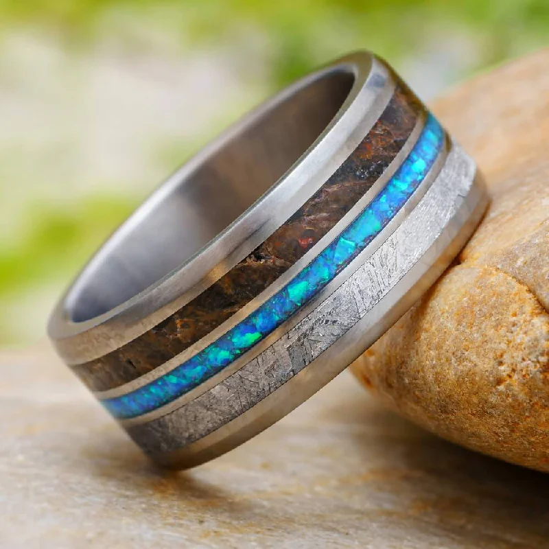 Meteorite Wedding Band with Dinosaur Bone and Opal