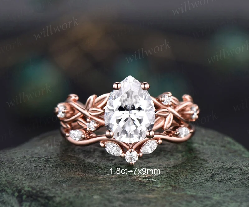 Twig pear shaped Moissanite engagement ring set rose gold five stone leaf branch Nature inspired ring diamond wedding ring set women jewelry