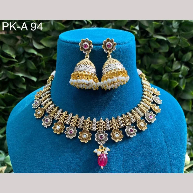 Amoliya Jewels 2 Tone Plated Pota Stone And Pearls Choker Necklace Set