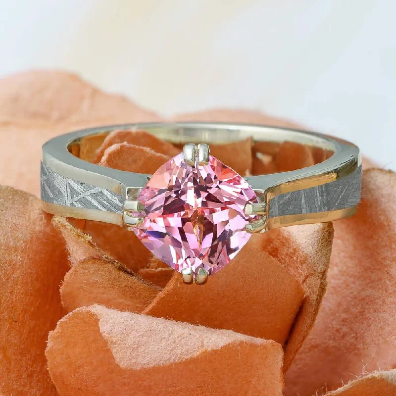 Cushion Cut Morganite & Meteorite Engagement Ring