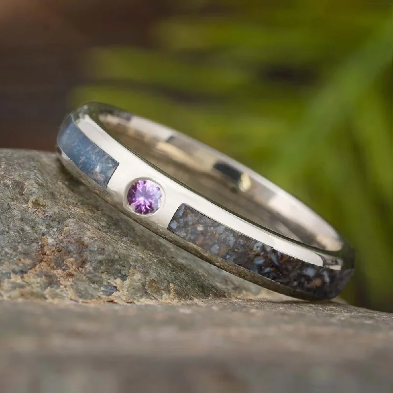 Dinosaur Bone Wedding Band with Flush Set Gemstone