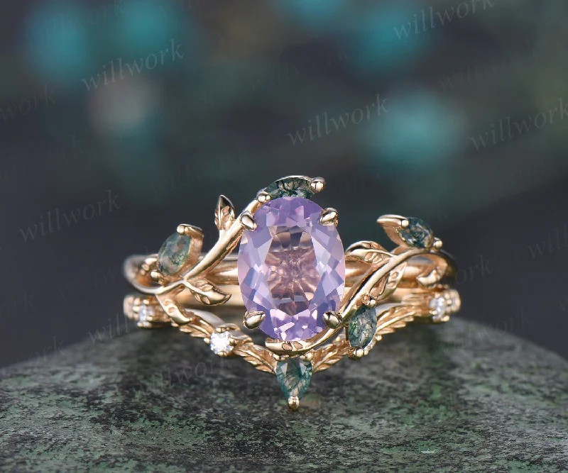 Vintage oval Lavender Amethyst engagement ring yellow gold art deco cluster leaf nature inspired moss agate bridal wedding ring set women