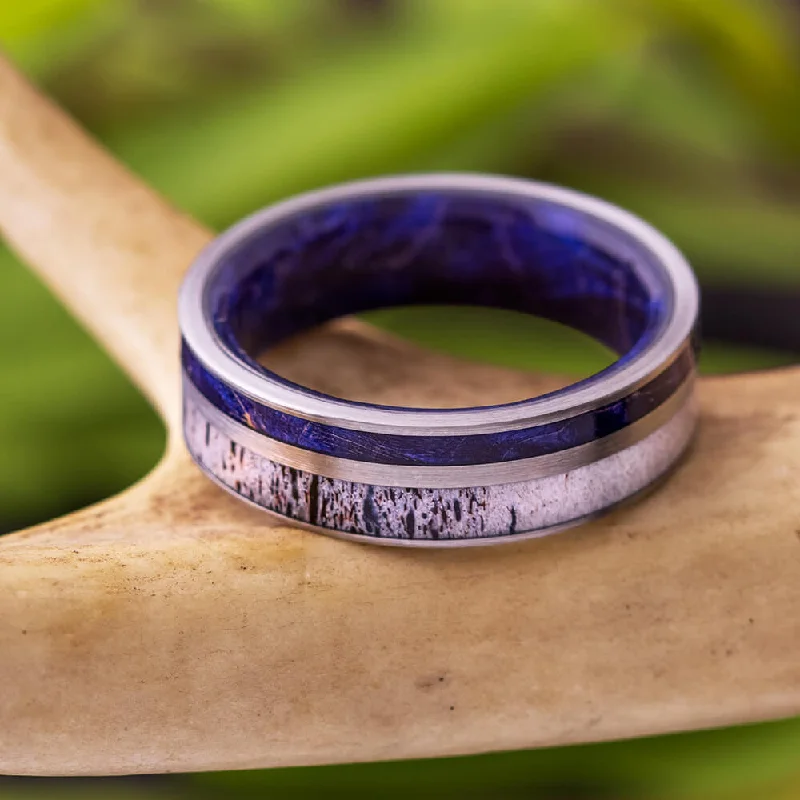 Antler Wedding Band with Blue Box Elder Burl Wood