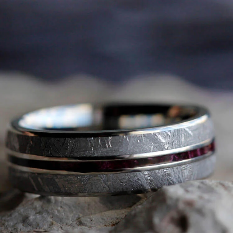 Meteorite Men's Wedding Band With Thin Purple Pinstripe