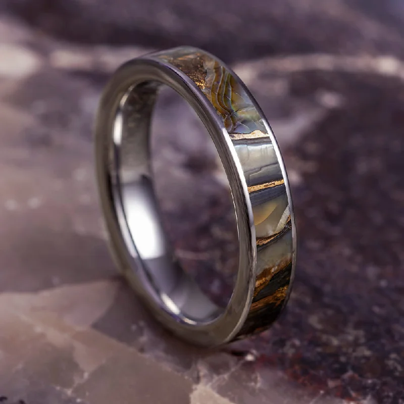 Bronze Abalone Ring, Color Changing Wedding Band In Titanium