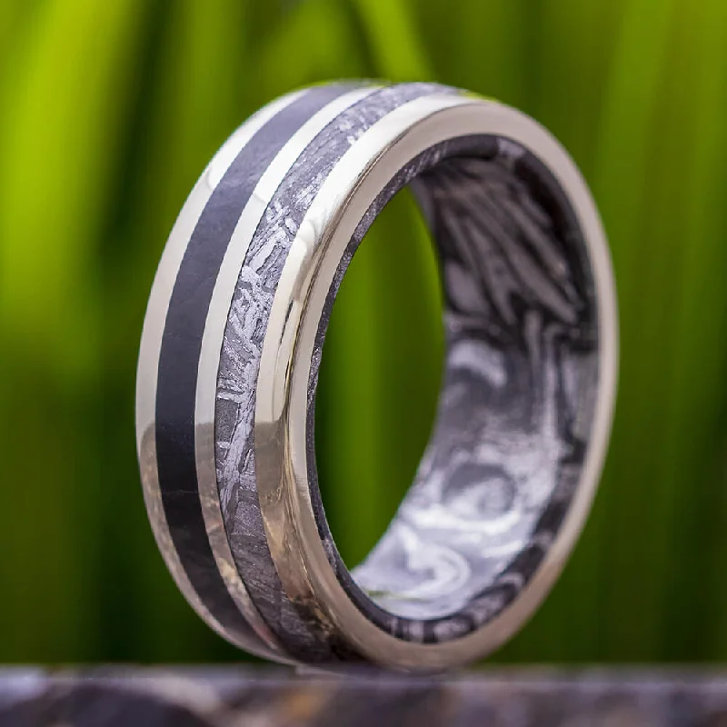 Black Jade Wedding Band With Meteorite And Mokume Gane