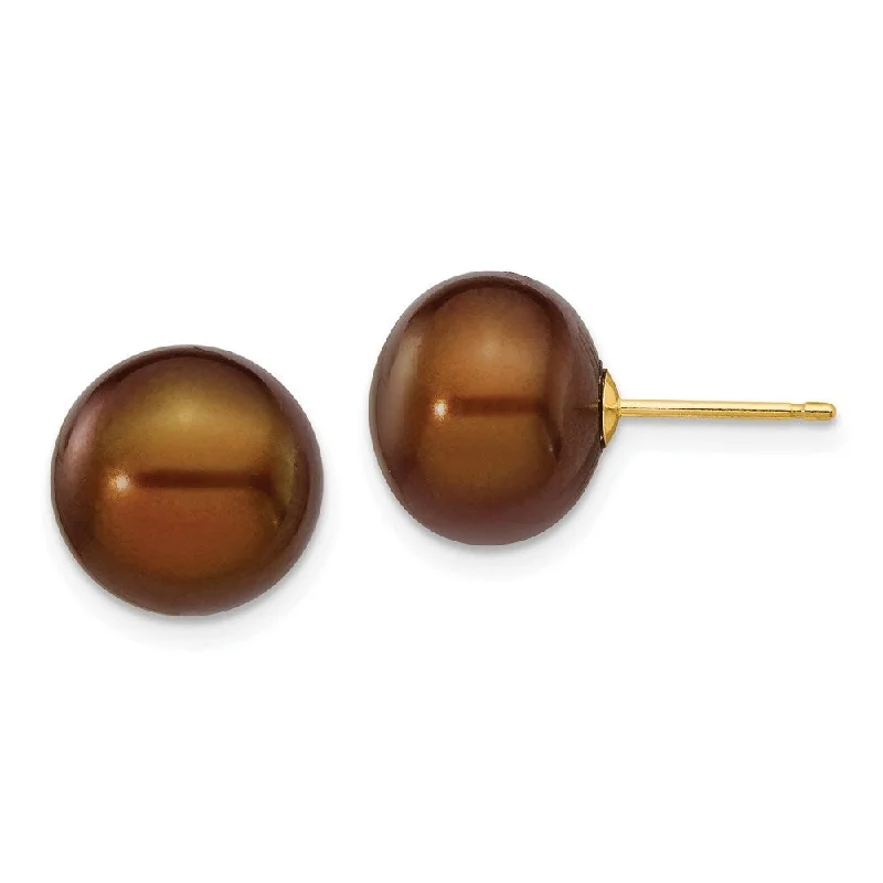 14k Yellow Gold Coffee Button Cultured Pearl Stud Earrings (L-10 mm, W-11 mm)