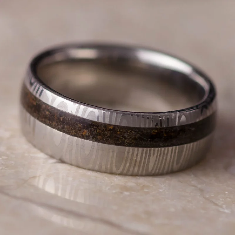 Damascus Steel Men's Wedding Band With Crushed Dinosaur Bone