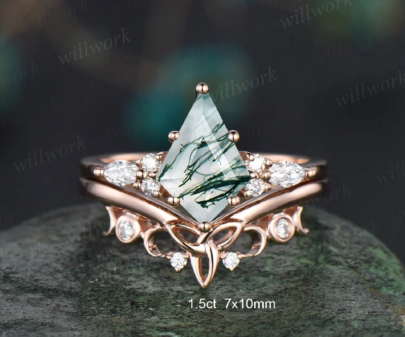 Kite cut green moss agate engagement ring set 14k rose gold marquise unique engagement ring for women diamond promise wedding ring set gifts