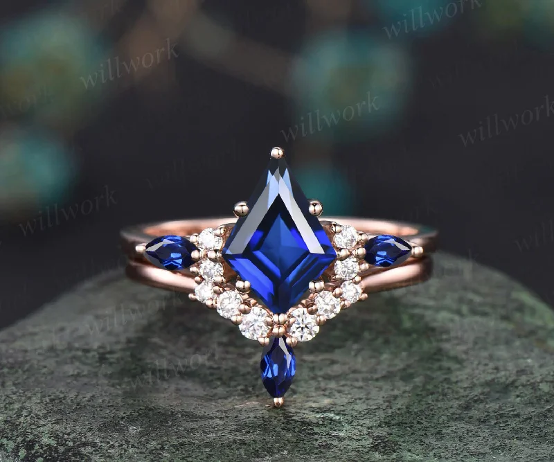 Unique Kite Cut September Birthstone Blue Sapphire Engagement Ring Set Art Deco Moissanite Diamond Curved V Shaped Wedding Band